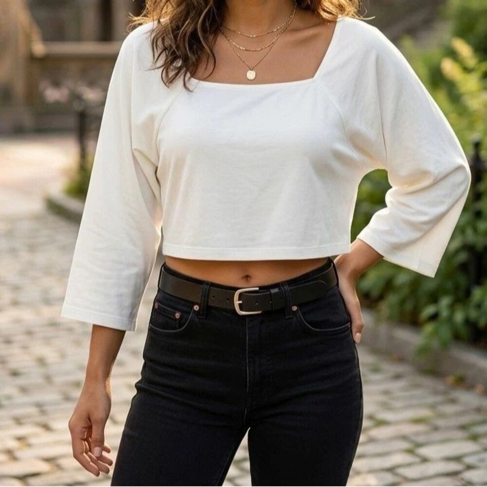 Free People Cropped Blouse Top Wide Square Neck 3/4 Sleeve White M 290650